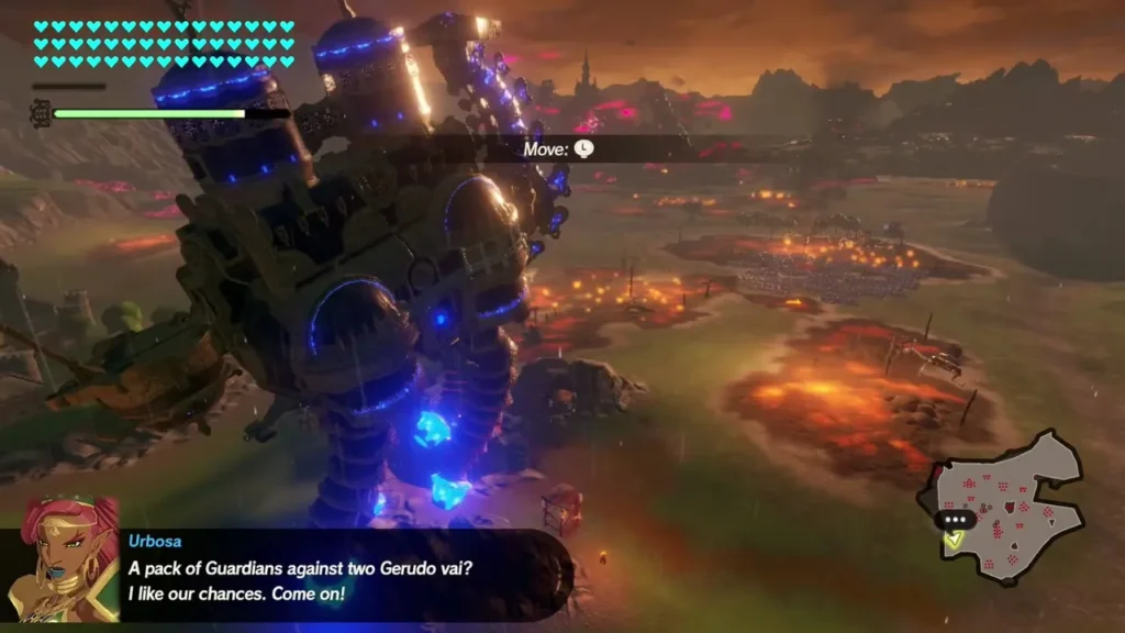 Vah Naboris stands over the battlefield as Urbosa warns of a pack of Guardians Vah Naboris stands over the battlefield as Urbosa warns of a pack of Guardians