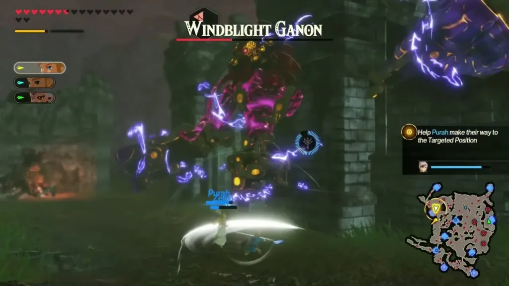 Windblight Ganon, named over its health bar, swirls with purple wind as Purah stands near Link Windblight Ganon, named over its health bar, swirls with purple wind as Purah stands near Link