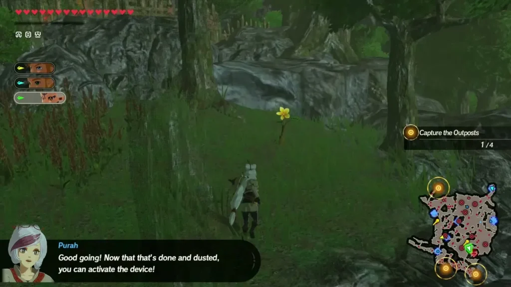 Link runs past a yellow flower in a grassy clearing while Capture the Outposts shows 1/4 Link runs past a yellow flower in a grassy clearing while Capture the Outposts shows 1/4