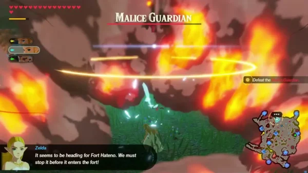 Zelda warns that the Malice Guardian is heading for Fort Hateno as flames surround the battlefield Zelda warns that the Malice Guardian is heading for Fort Hateno as flames surround the battlefield