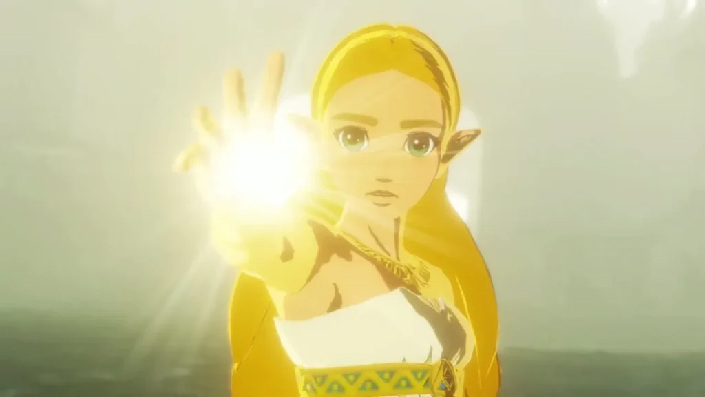 Zelda raises a glowing hand as her light power awakens in the cutscene Zelda raises a glowing hand as her light power awakens in the cutscene