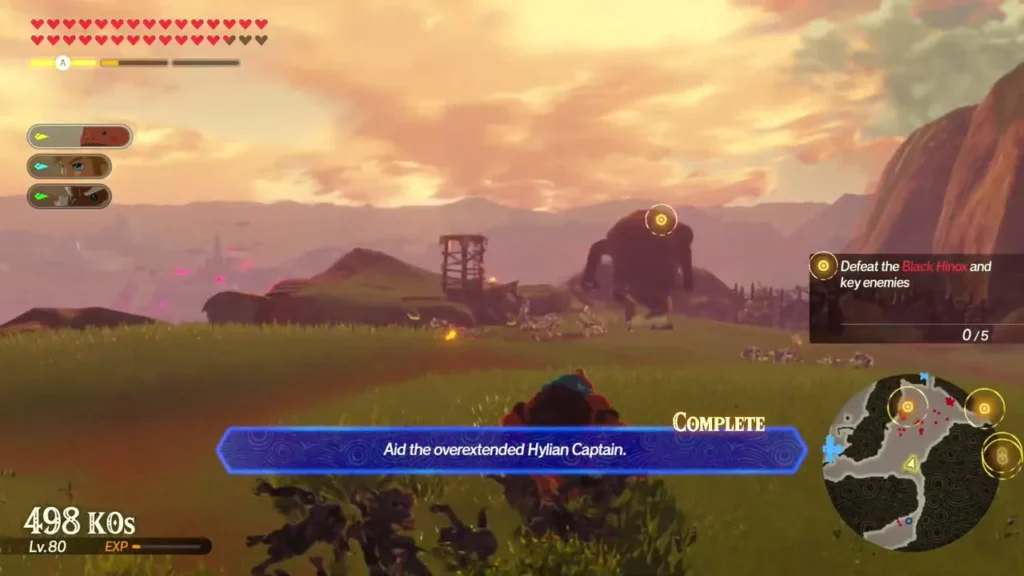 Aid the overextended Hylian Captain banner shows COMPLETE over the grassy field Aid the overextended Hylian Captain banner shows COMPLETE over the grassy field