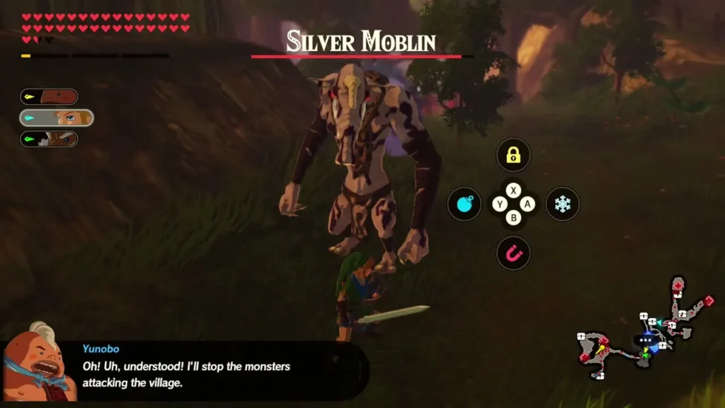 Yunobo tells Link he will stop the monsters attacking the village as a Silver Moblin looms Yunobo tells Link he will stop the monsters attacking the village as a Silver Moblin looms