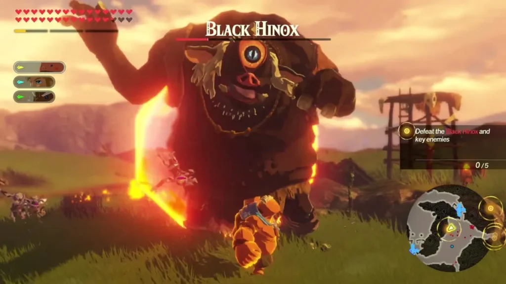 Black Hinox name bar appears over the one-eyed beast as it charges across the grassy field Black Hinox name bar appears over the one-eyed beast as it charges across the grassy field