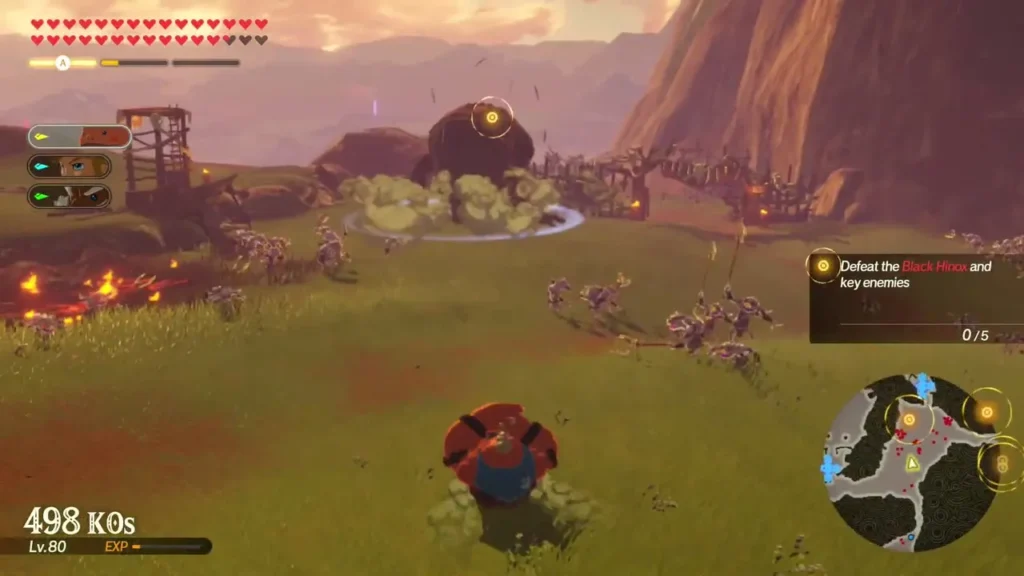 Monsters press across the grassy field near the Hylian Captain while a distant Black Hinox stands on the rise Monsters press across the grassy field near the Hylian Captain while a distant Black Hinox stands on the rise