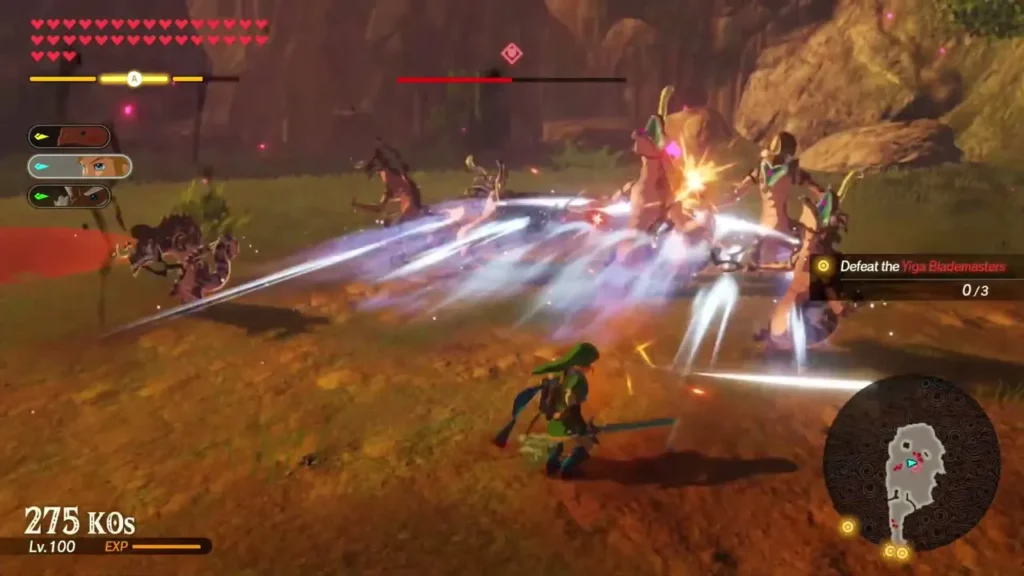 Link slashes through Yiga Blademasters with the Defeat the Yiga Blademasters objective at 0 of 3 Link slashes through Yiga Blademasters with the Defeat the Yiga Blademasters objective at 0 of 3