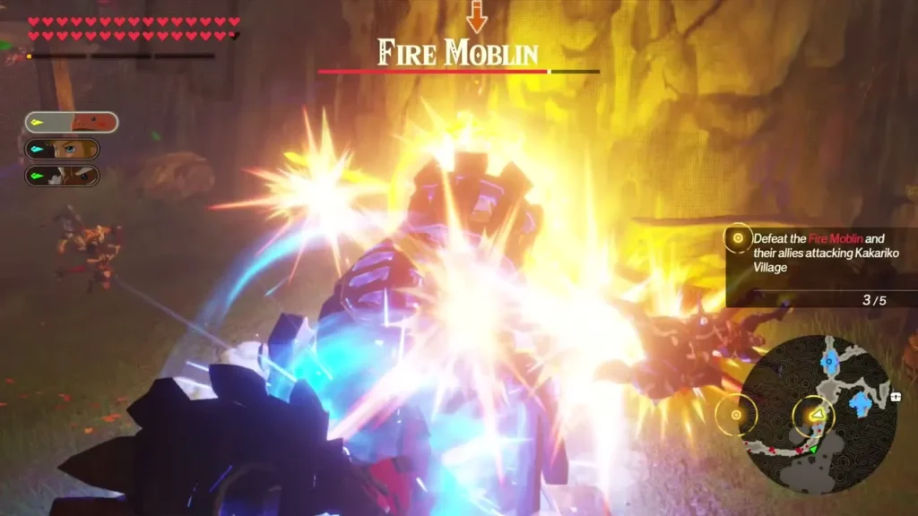 Fire Moblin name bar appears as blue and yellow flames burst during the first defense wave Fire Moblin name bar appears as blue and yellow flames burst during the first defense wave