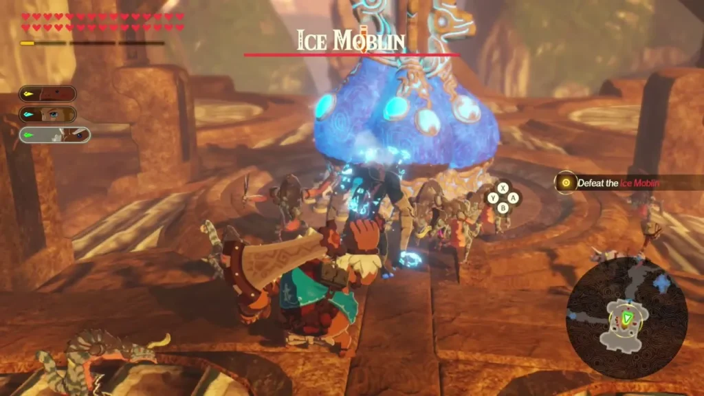 Ice Moblin name bar and Defeat the Ice Moblin objective appear as allies fight a blue mushroom monster Ice Moblin name bar and Defeat the Ice Moblin objective appear as allies fight a blue mushroom monster