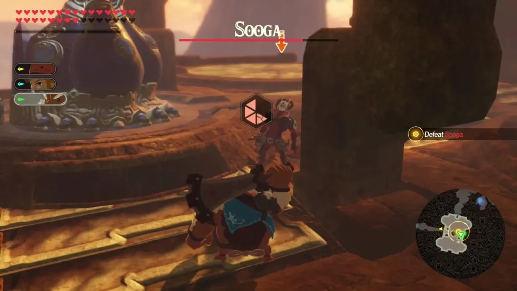 Sooga name bar appears beside a stone pillar as Link closes in on the arena Sooga name bar appears beside a stone pillar as Link closes in on the arena
