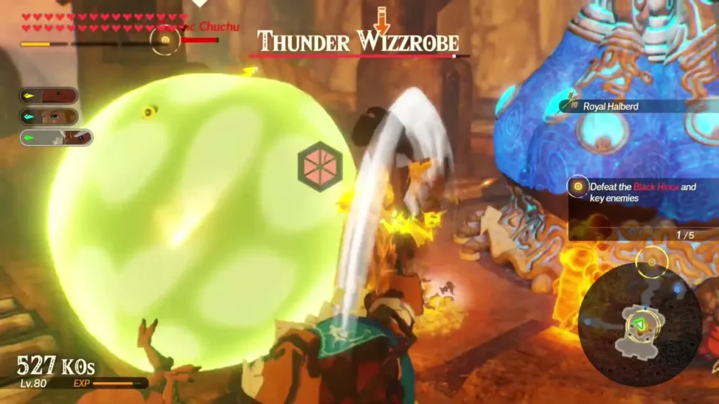 Thunder Wizzrobe name bar appears as a green Electric Chuchu rushes across the battlefield Thunder Wizzrobe name bar appears as a green Electric Chuchu rushes across the battlefield