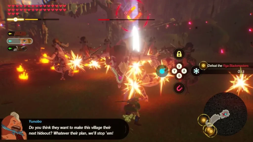 Yunobo speaks during the village fight, with Yiga Blademasters around him and a Defeat objective on screen Yunobo speaks during the village fight, with Yiga Blademasters around him and a Defeat objective on screen