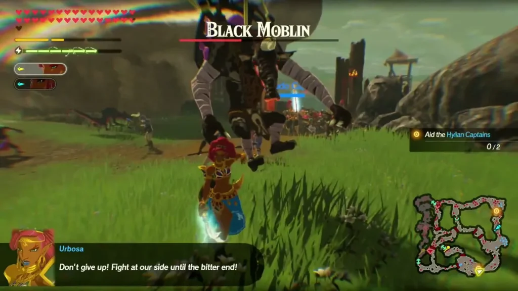 Urbosa tells her side not to give up as a Black Moblin appears with its name over the health bar Urbosa tells her side not to give up as a Black Moblin appears with its name over the health bar