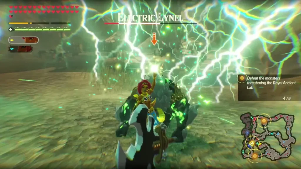 An Electric Lynel crackles with green lightning as its name appears over the health bar An Electric Lynel crackles with green lightning as its name appears over the health bar
