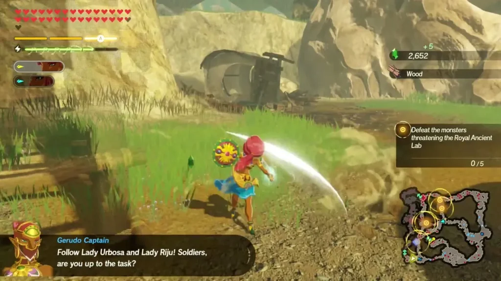 A Gerudo Captain tells the soldiers to follow Lady Urbosa and Lady Riju, the objective at 0 of 5 A Gerudo Captain tells the soldiers to follow Lady Urbosa and Lady Riju, the objective at 0 of 5