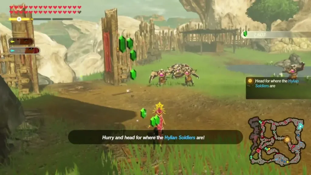A banner reads Hurry and head for where the Hylian Soldiers are as Urbosa runs across a grassy field A banner reads Hurry and head for where the Hylian Soldiers are as Urbosa runs across a grassy field