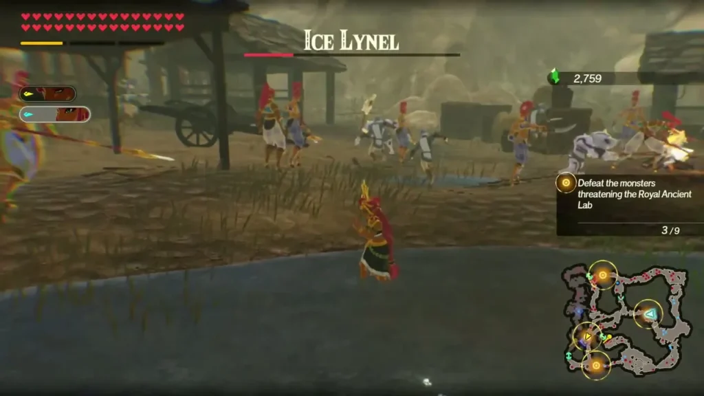 An Ice Lynel, named over its health bar, fights among Gerudo and Hylian soldiers by the water An Ice Lynel, named over its health bar, fights among Gerudo and Hylian soldiers by the water