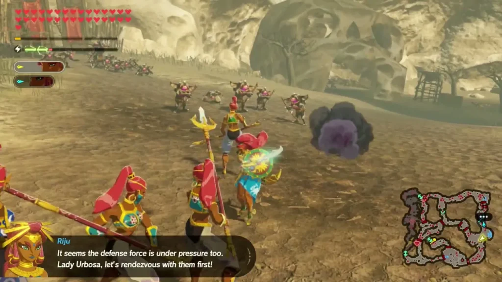 Urbosa and Riju fight with Gerudo soldiers as Riju suggests rendezvousing with the defense force Urbosa and Riju fight with Gerudo soldiers as Riju suggests rendezvousing with the defense force