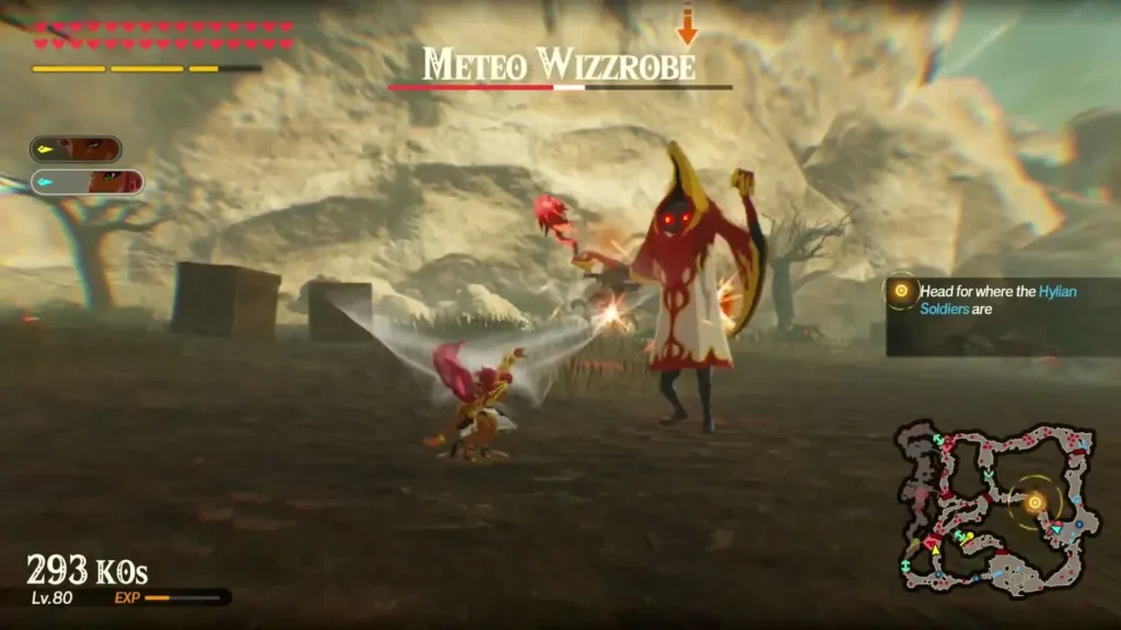A Meteo Wizzrobe in red robes faces Urbosa on the road with its name shown over the health bar A Meteo Wizzrobe in red robes faces Urbosa on the road with its name shown over the health bar