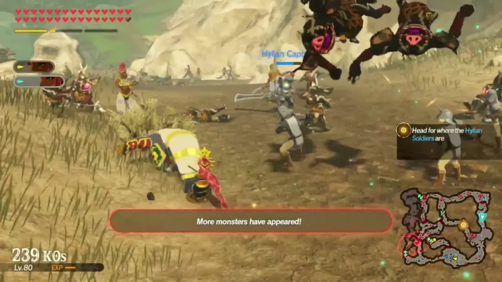 A More monsters have appeared message over a new wave of monsters attacking the Hylian soldiers A More monsters have appeared message over a new wave of monsters attacking the Hylian soldiers