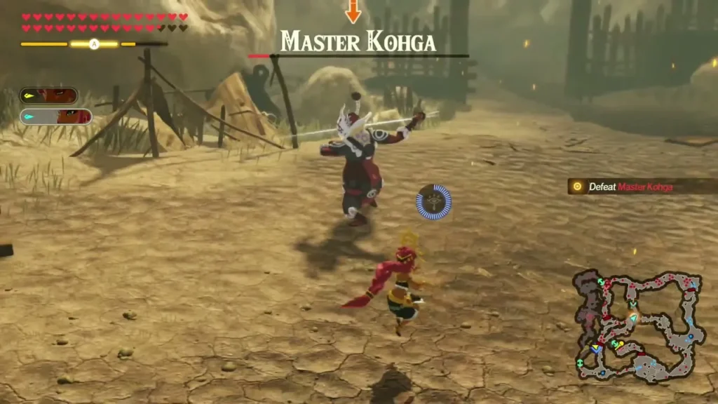 Riju runs at Master Kohga on the dusty lab ground as his name shows over the health bar Riju runs at Master Kohga on the dusty lab ground as his name shows over the health bar