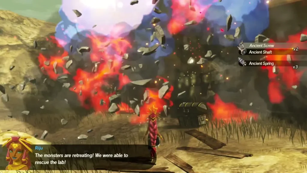 Riju says the monsters are retreating and the lab is rescued as debris flies from a blast Riju says the monsters are retreating and the lab is rescued as debris flies from a blast