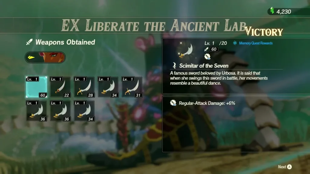 The results screen shows Scimitar of the Seven tagged as a Memory Quest Reward The results screen shows Scimitar of the Seven tagged as a Memory Quest Reward