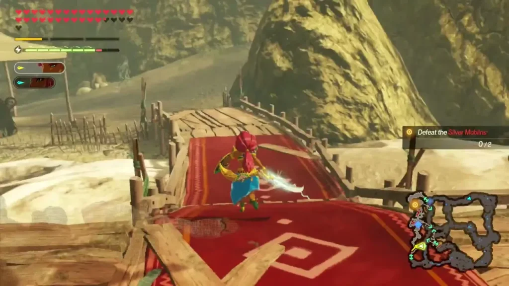Urbosa runs across a red-carpeted bridge toward the Defeat the Silver Moblin objective Urbosa runs across a red-carpeted bridge toward the Defeat the Silver Moblin objective