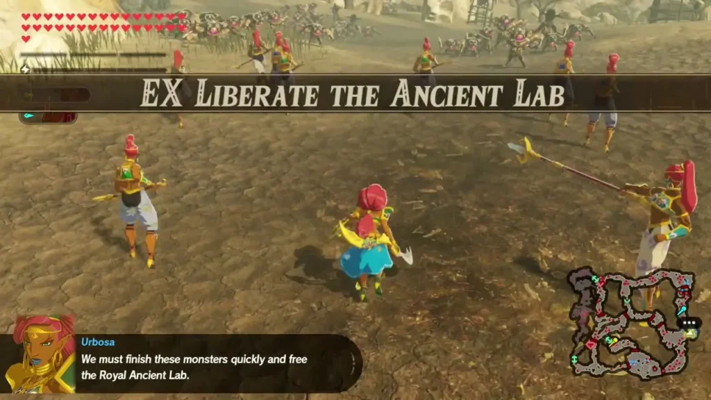 EX Liberate the Ancient Lab title card over Urbosa and Riju leading their troops into the field EX Liberate the Ancient Lab title card over Urbosa and Riju leading their troops into the field