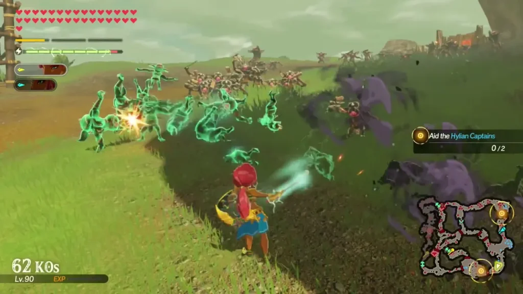 Urbosa and Riju fight a horde of monsters on a grassy field during the lab battle Urbosa and Riju fight a horde of monsters on a grassy field during the lab battle