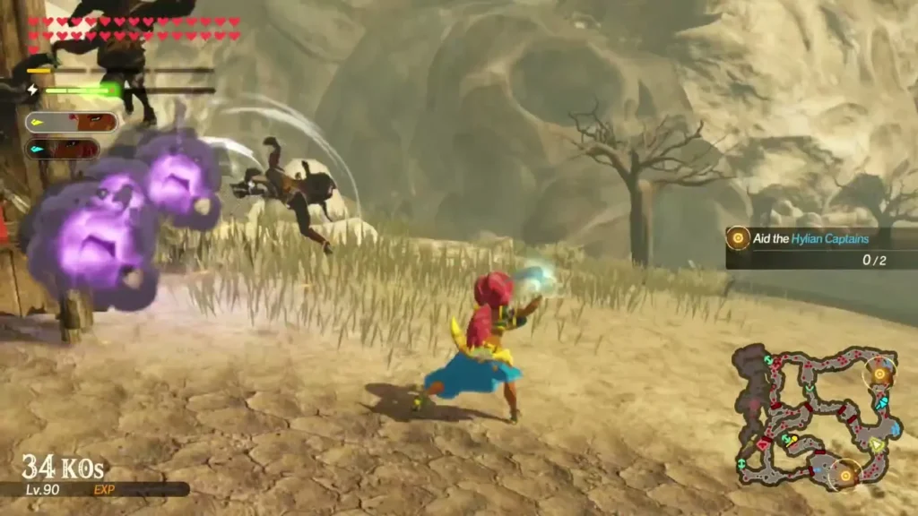 Urbosa runs past purple bomb blasts toward the Hylian Captains on an open field Urbosa runs past purple bomb blasts toward the Hylian Captains on an open field