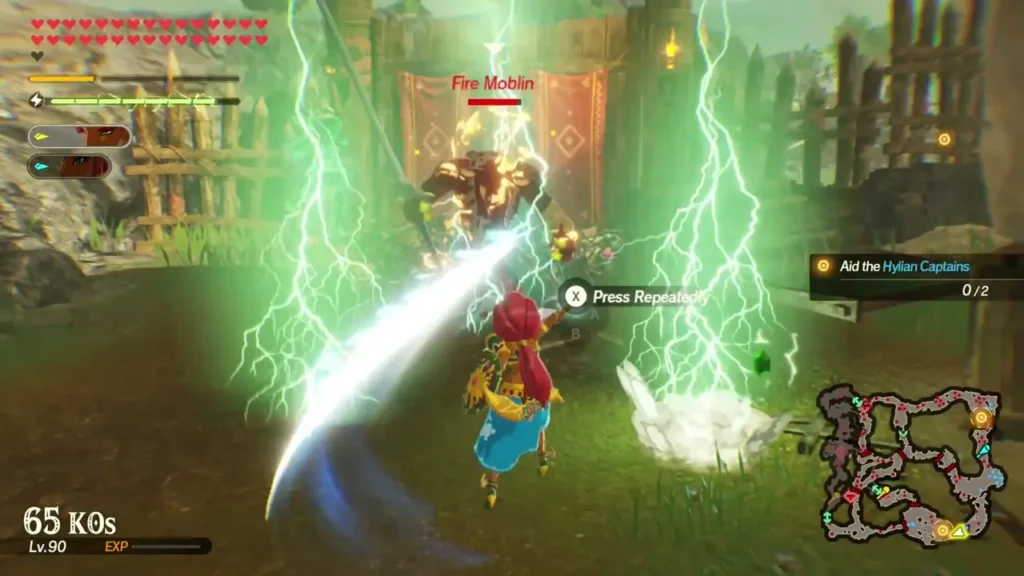 Urbosa strikes a Fire Moblin under green lightning, with its name over the health bar Urbosa strikes a Fire Moblin under green lightning, with its name over the health bar