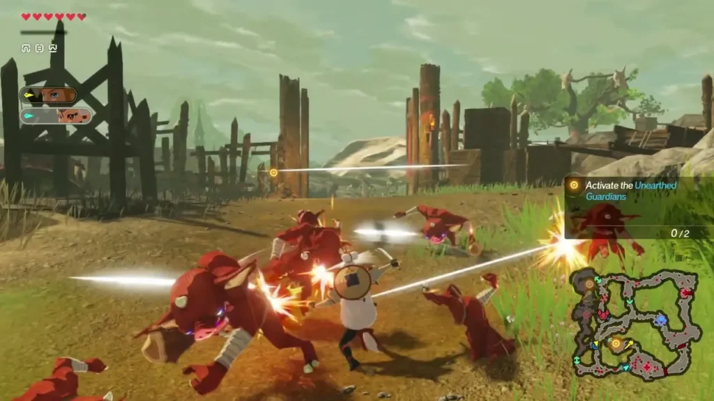 Warriors fight a charging Bokoblin pack in front of wooden fences and gates Warriors fight a charging Bokoblin pack in front of wooden fences and gates