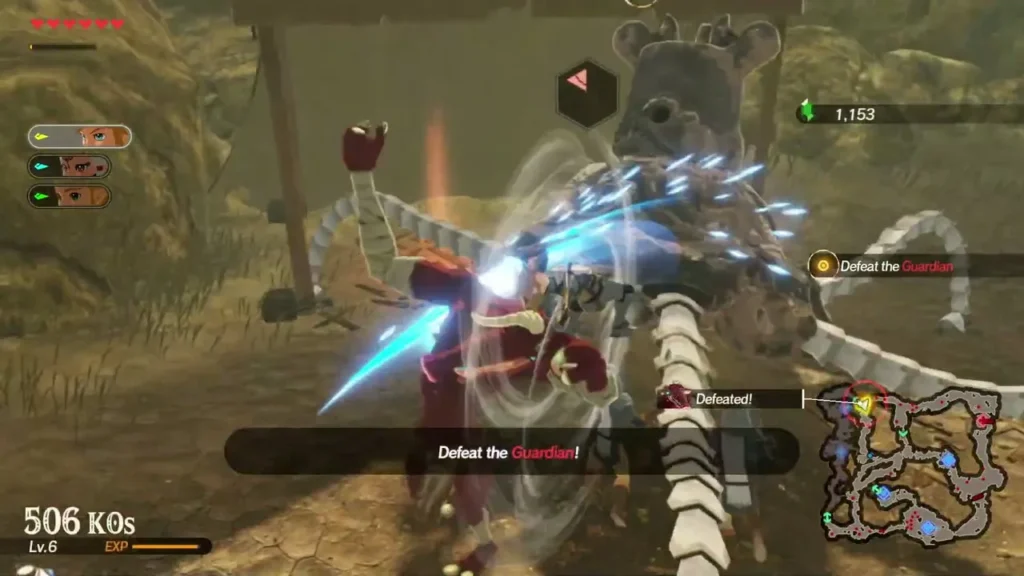 Link slashes at the Guardian as the Defeat the Guardian objective appears on screen Link slashes at the Guardian as the Defeat the Guardian objective appears on screen