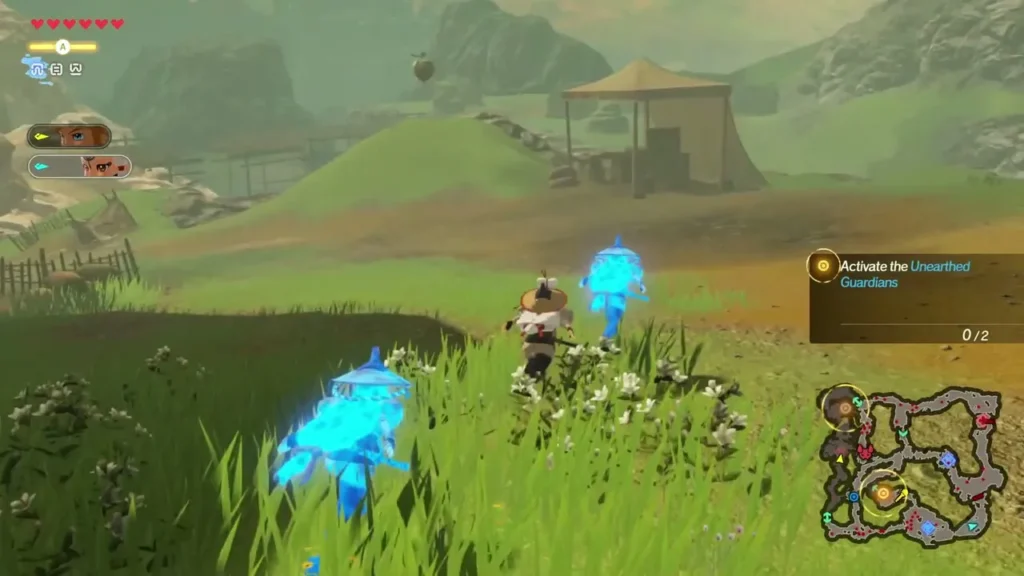 Link walks through grass with white flowers near a wooden pavilion Link walks through grass with white flowers near a wooden pavilion