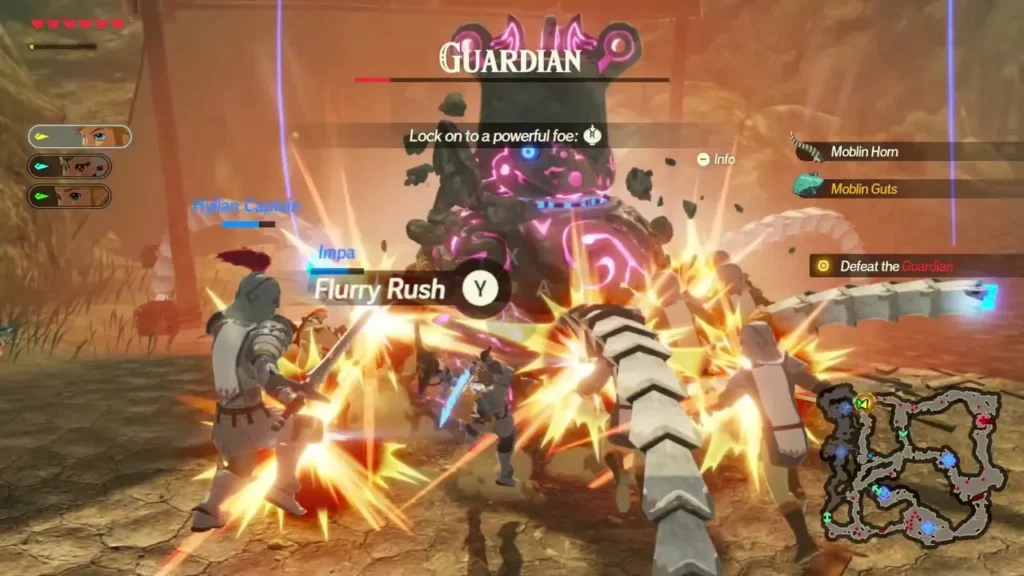 Link, Impa and a Hylian Captain strike the Guardian together, with the Flurry Rush prompt and Defeat the Guardian objective Link, Impa and a Hylian Captain strike the Guardian together, with the Flurry Rush prompt and Defeat the Guardian objective