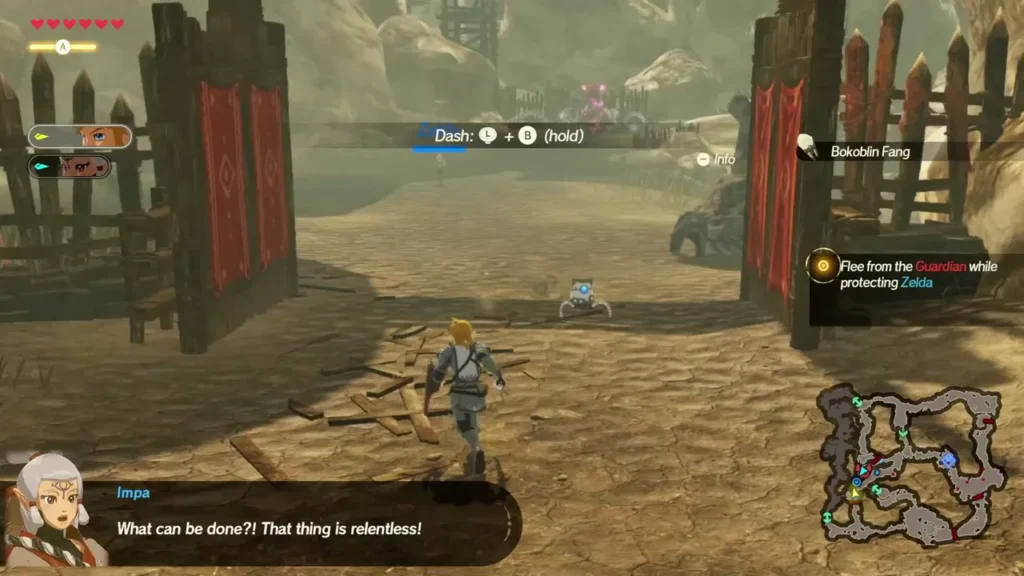 Link runs past wooden gates with red banners as Impa says the Guardian is relentless Link runs past wooden gates with red banners as Impa says the Guardian is relentless