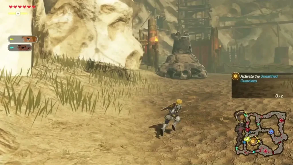 Link walks along the path past an outpost tower, with the Unearthed Guardians objective shown Link walks along the path past an outpost tower, with the Unearthed Guardians objective shown