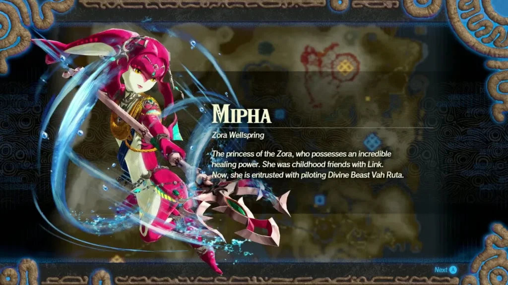 Mipha's intro card, Zora Wellspring, describes her as the Zora princess entrusted with piloting Divine Beast Vah Ruta Mipha's intro card, Zora Wellspring, describes her as the Zora princess entrusted with piloting Divine Beast Vah Ruta