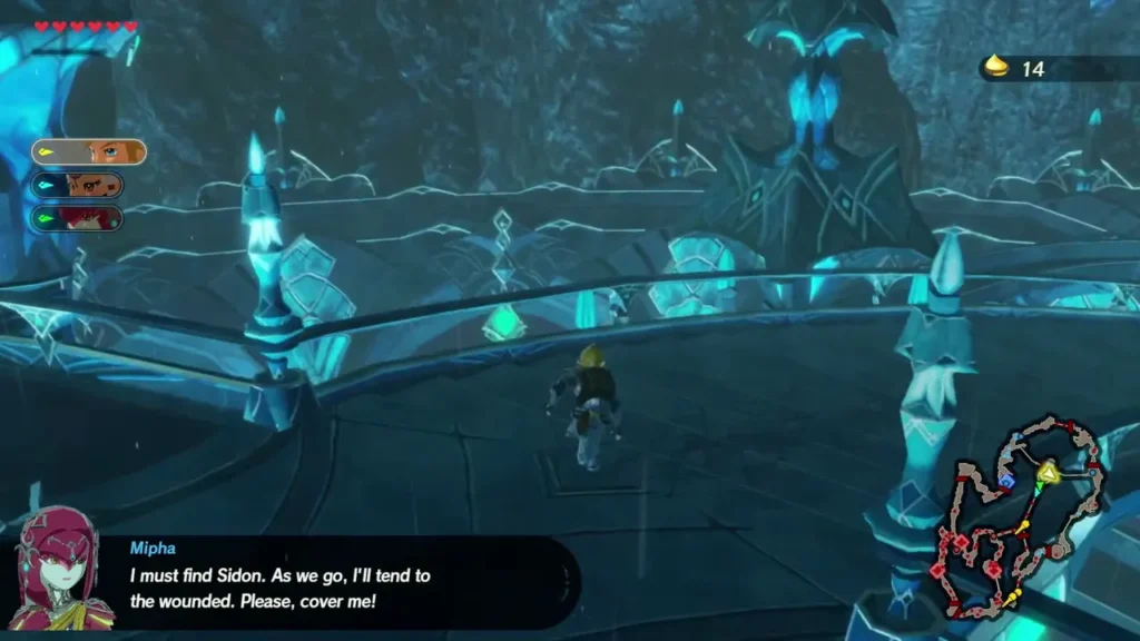Mipha says she must find Sidon and asks Link to cover her in a teal-lit area Mipha says she must find Sidon and asks Link to cover her in a teal-lit area