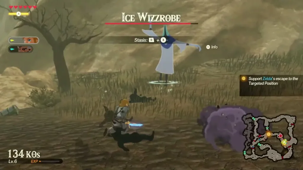 Link faces the Ice Wizzrobe with the Stasis prompt shown at the top of the screen Link faces the Ice Wizzrobe with the Stasis prompt shown at the top of the screen