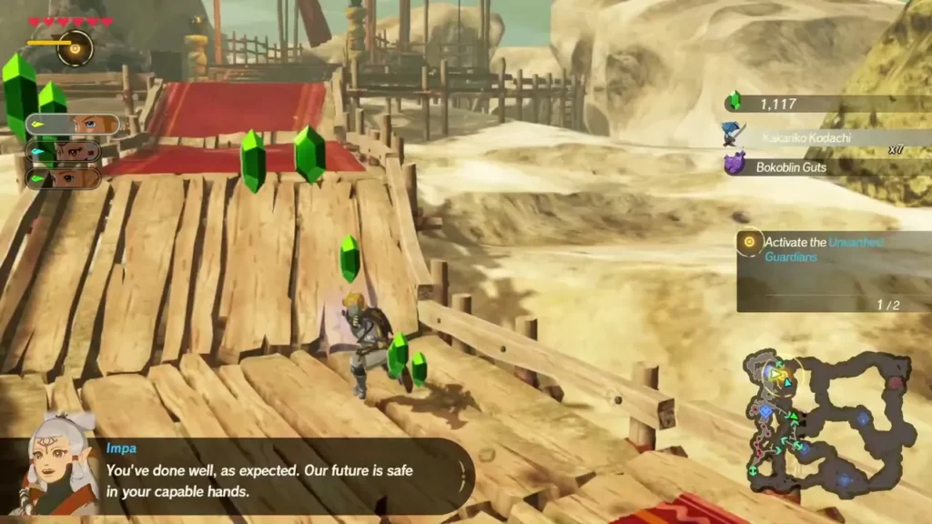 Link runs along the wooden walkway toward the Unearthed Guardian Link runs along the wooden walkway toward the Unearthed Guardian