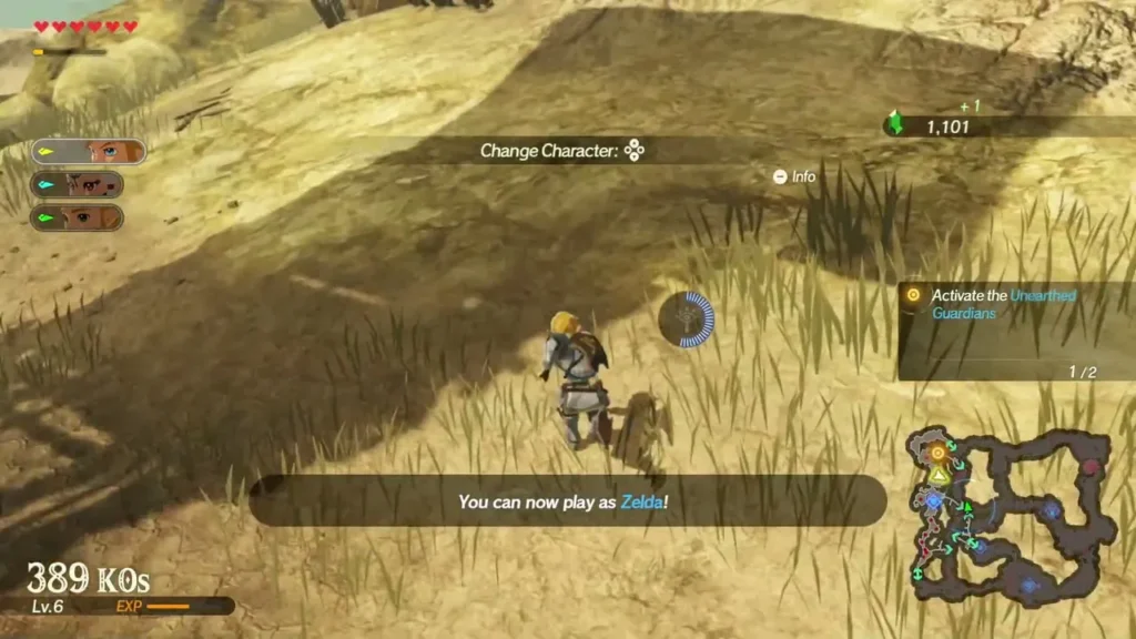 A message says Zelda can now be played as Link walks across the field A message says Zelda can now be played as Link walks across the field