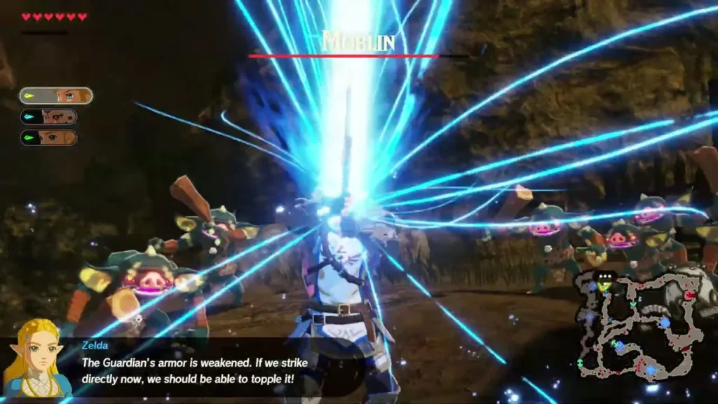 Zelda says the Guardian's armour is weakened as Link unleashes a blue attack among the enemies Zelda says the Guardian's armour is weakened as Link unleashes a blue attack among the enemies