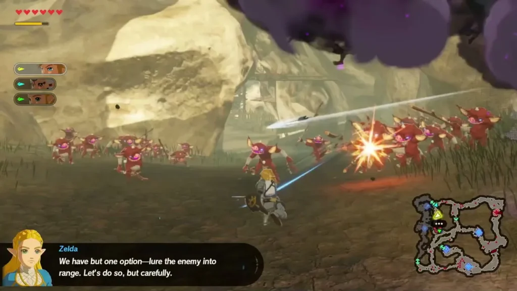 Zelda says they have one option, to lure the enemy into range, while Link fights off Bokoblins Zelda says they have one option, to lure the enemy into range, while Link fights off Bokoblins