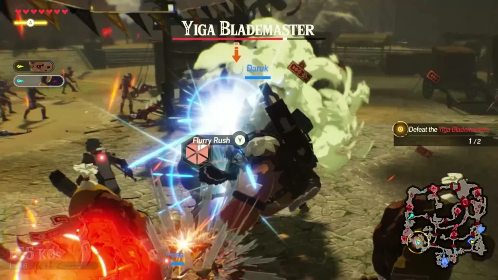 Daruk uses a Flurry Rush on a Yiga Blademaster, with the Flurry Rush prompt on screen Daruk uses a Flurry Rush on a Yiga Blademaster, with the Flurry Rush prompt on screen