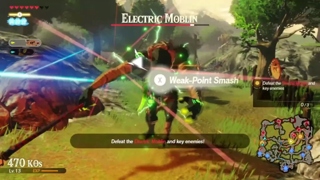 The Electric Moblin fight, its name bar shown with a Weak-Point Smash prompt on screen The Electric Moblin fight, its name bar shown with a Weak-Point Smash prompt on screen