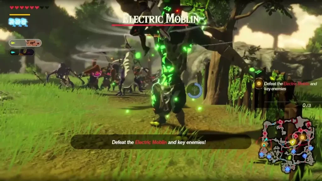 The objective changes to defeat the Electric Moblin and key enemies, with its health bar shown The objective changes to defeat the Electric Moblin and key enemies, with its health bar shown
