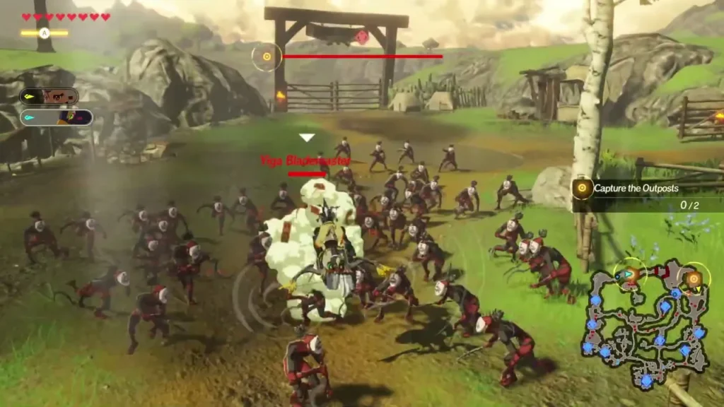 Enemies swarm an outpost gate while the Capture the Outposts objective reads 0 of 2 Enemies swarm an outpost gate while the Capture the Outposts objective reads 0 of 2