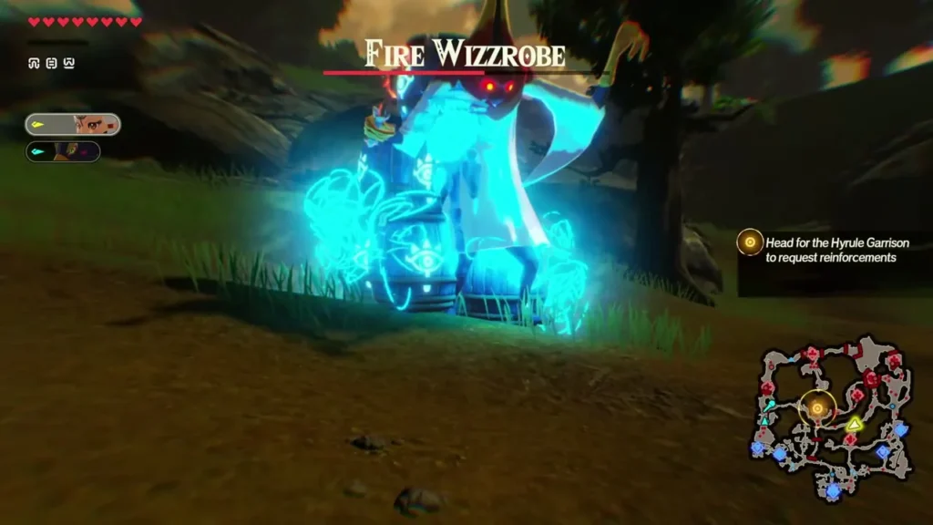 Fire Wizzrobe in grassland, its name bar at the top of the screen Fire Wizzrobe in grassland, its name bar at the top of the screen