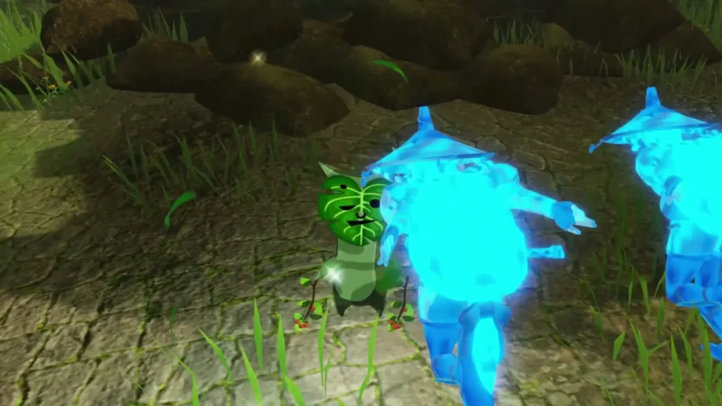 Green leaf-faced Korok in the grass in front of a rock pile at the village edge Green leaf-faced Korok in the grass in front of a rock pile at the village edge